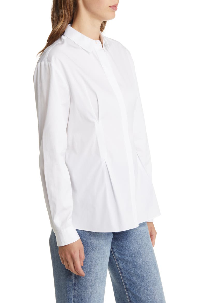 Pleat Detail Cotton Poplin Button-Up Shirt, Alternate, color, WHITE