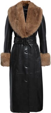 Stand Studio Estella Belted Faux Leather Coat with Faux Fur Trim