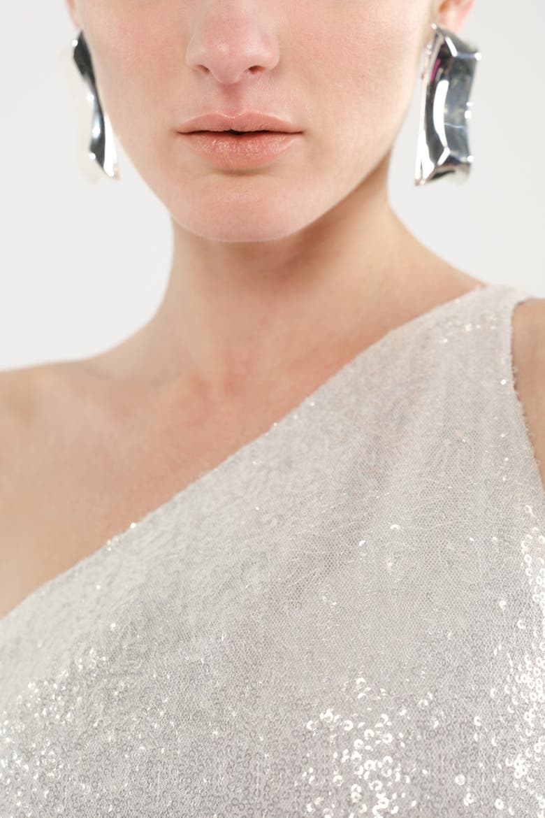 Sequin One Shoulder Cutout Maxi Dress, Alternate, color, Metallic Silver
