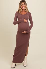 PinkBlush Ribbed Long Sleeve Side Slit Maxi Dress