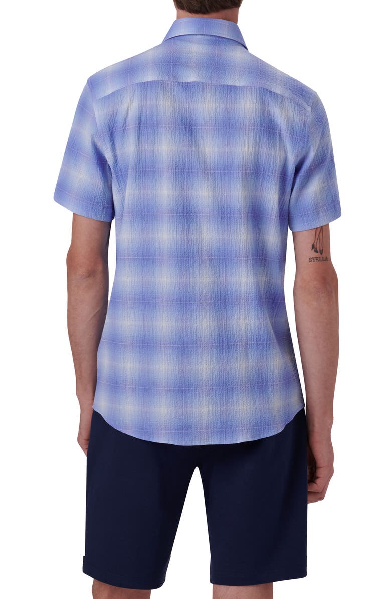 Bugatchi Ombré Check Short Sleeve Cotton Seersucker Button-Up Shirt, Alternate, color, Azure