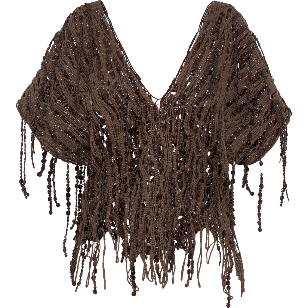 Brunello Cucinelli Women Brown Knit Dazzling Abstract Embroidery Top In Chocolate