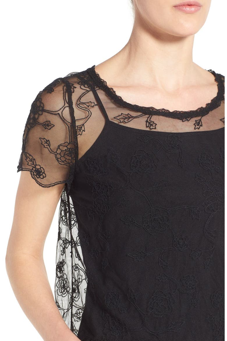 Embroidered Sheer Mesh Top, Alternate, color, BLACK