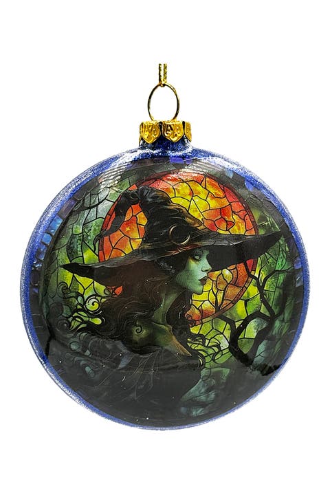 Stained Glass Witch And Black Cat Glass Ornament