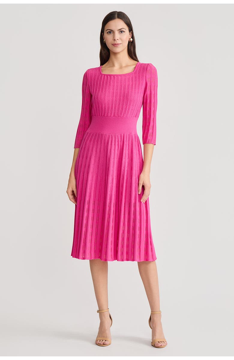 Ming Wang Linear Pointelle Tonal Knit Fit-N-Flare Midi Dress, Main, color, Carmine Rose