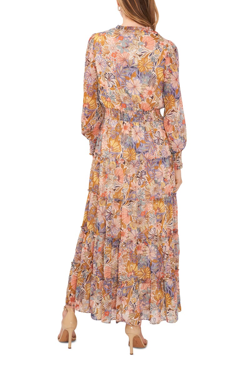 Floral Metallic Smocked Waist Long Sleeve Tiered Midi Dress, Alternate, color, IVORY/MULTI