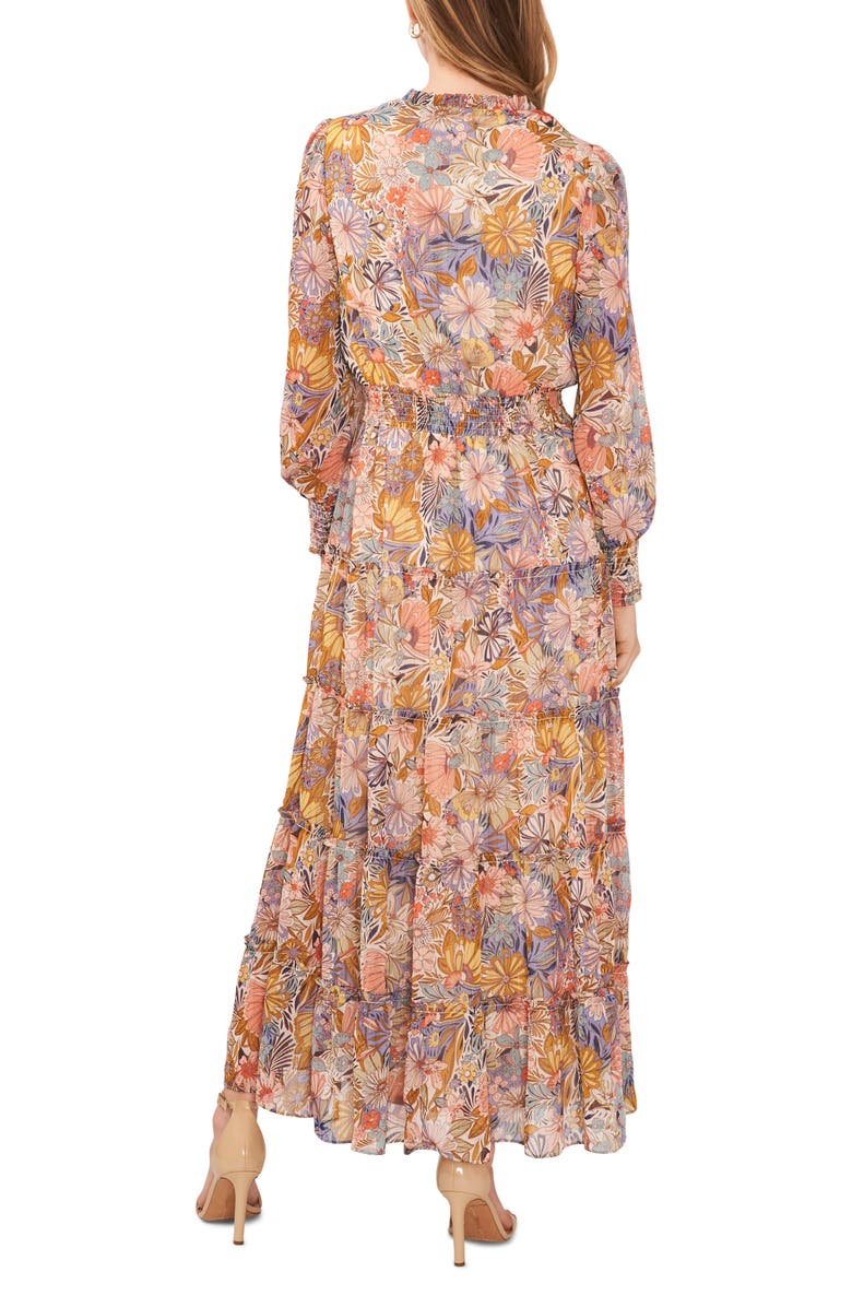 Chaus Floral Metallic Smocked Waist Long Sleeve Tiered Midi Dress, Alternate, color,