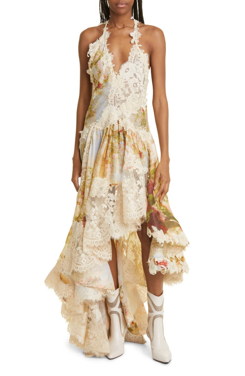 Zimmermann Luminosity Splice Floral Lace Linen & Silk High-Low Dress, Main, color, 