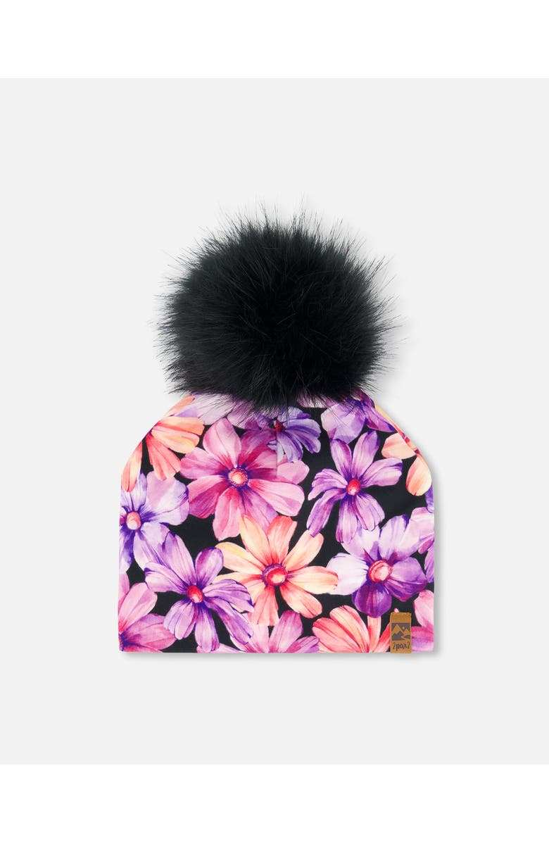 Deux par Deux Girl's Printed Jersey Detachable Pompom Hat Black With Pink And Orange Flowers, Main, color,
