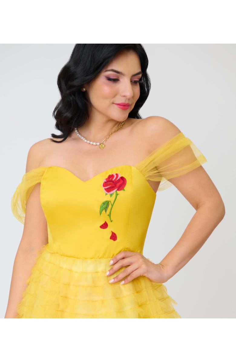 Unique Vintage Tulle Off The Shoulder Swing Dress, Alternate, color, Yellow W/ Rose Embroidery