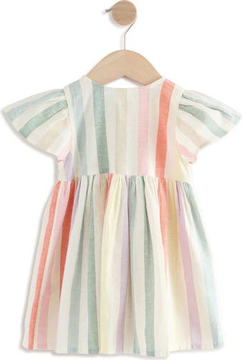 Kids' Rainbow Stripe Flutter Sleeve Cotton & Linen Dress