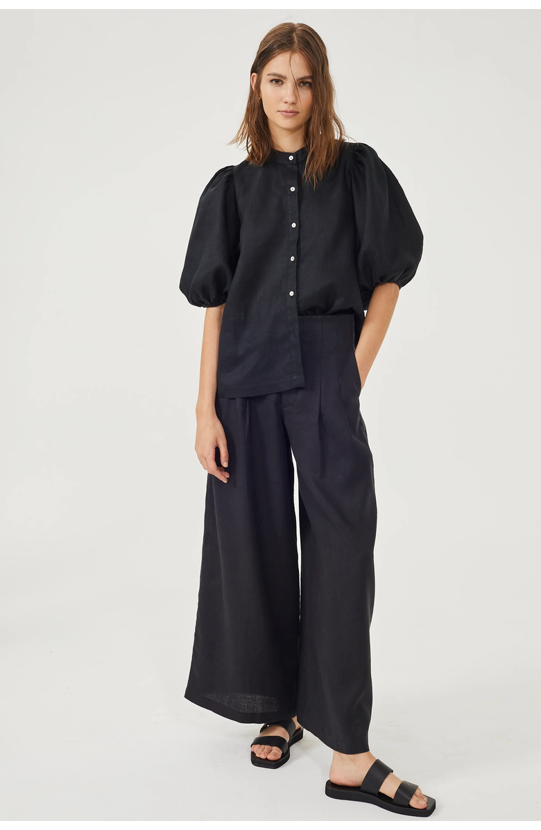 LANHTROPY Culotte Linen Pants, Alternate, color, Black