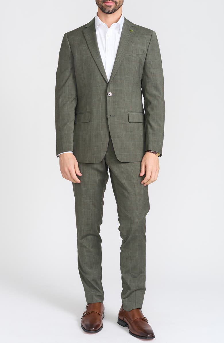 CRICKETEER Olive Windowpane Plaid Wool Blend Suit, Main, color, Olive