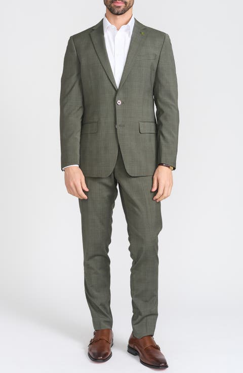 Olive Windowpane Plaid Wool Blend Suit