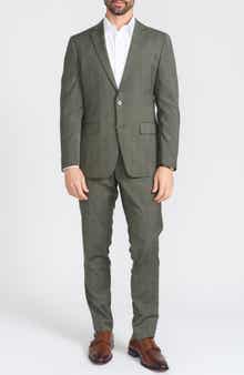 CRICKETEER Olive Windowpane Plaid Wool Blend Suit