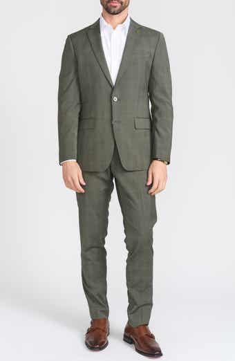 CRICKETEER Olive Windowpane Plaid Wool Blend Suit