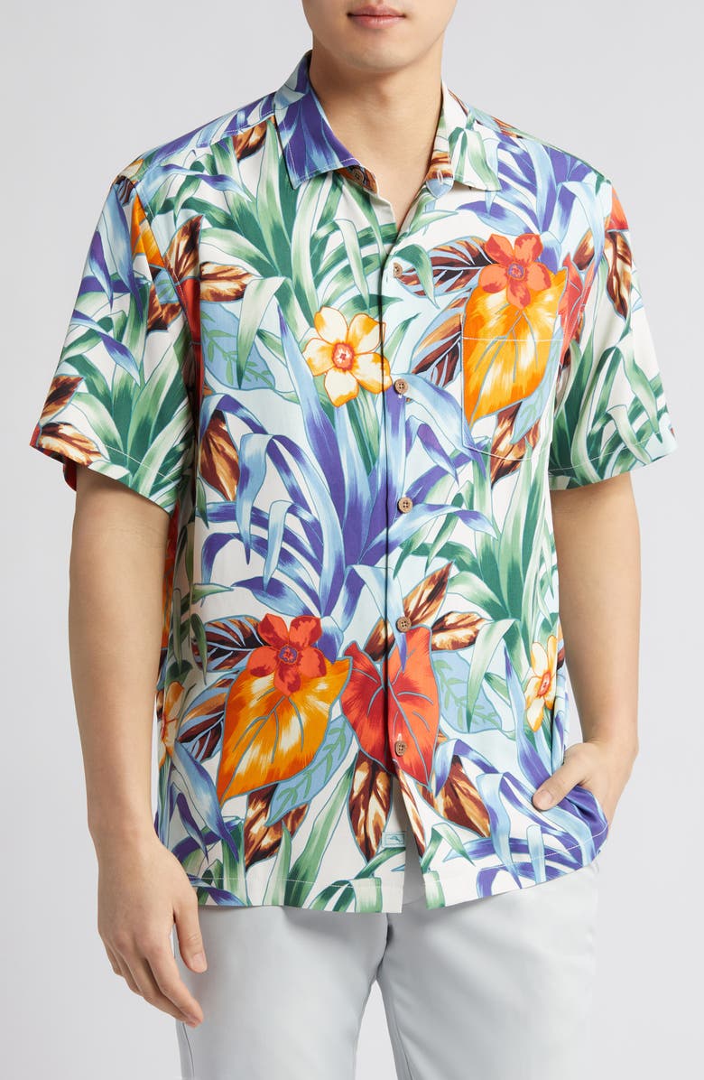 Tommy Bahama Fleur de Lune Print Short Sleeve Silk Button-Up Shirt, Main, color, 