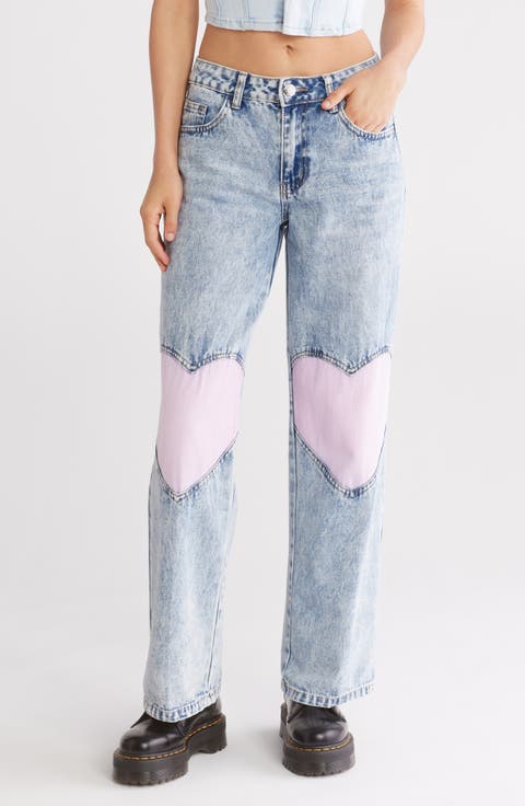 Pink Heart Straight Leg Jeans (Acid Wash)