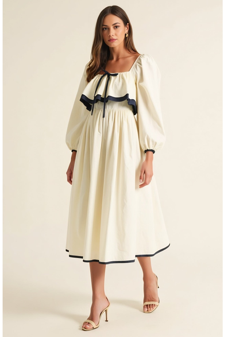 Long Sleeve Ruffle Trim Midi Dress with Tie Front Detail, Alternate, color, Off-white / Cream