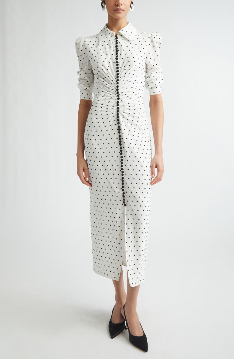 Carolina Herrera Polka Dot Fitted Ruched Silk Crêpe de Chine Shirtdress, Main, color, Ivory Multi