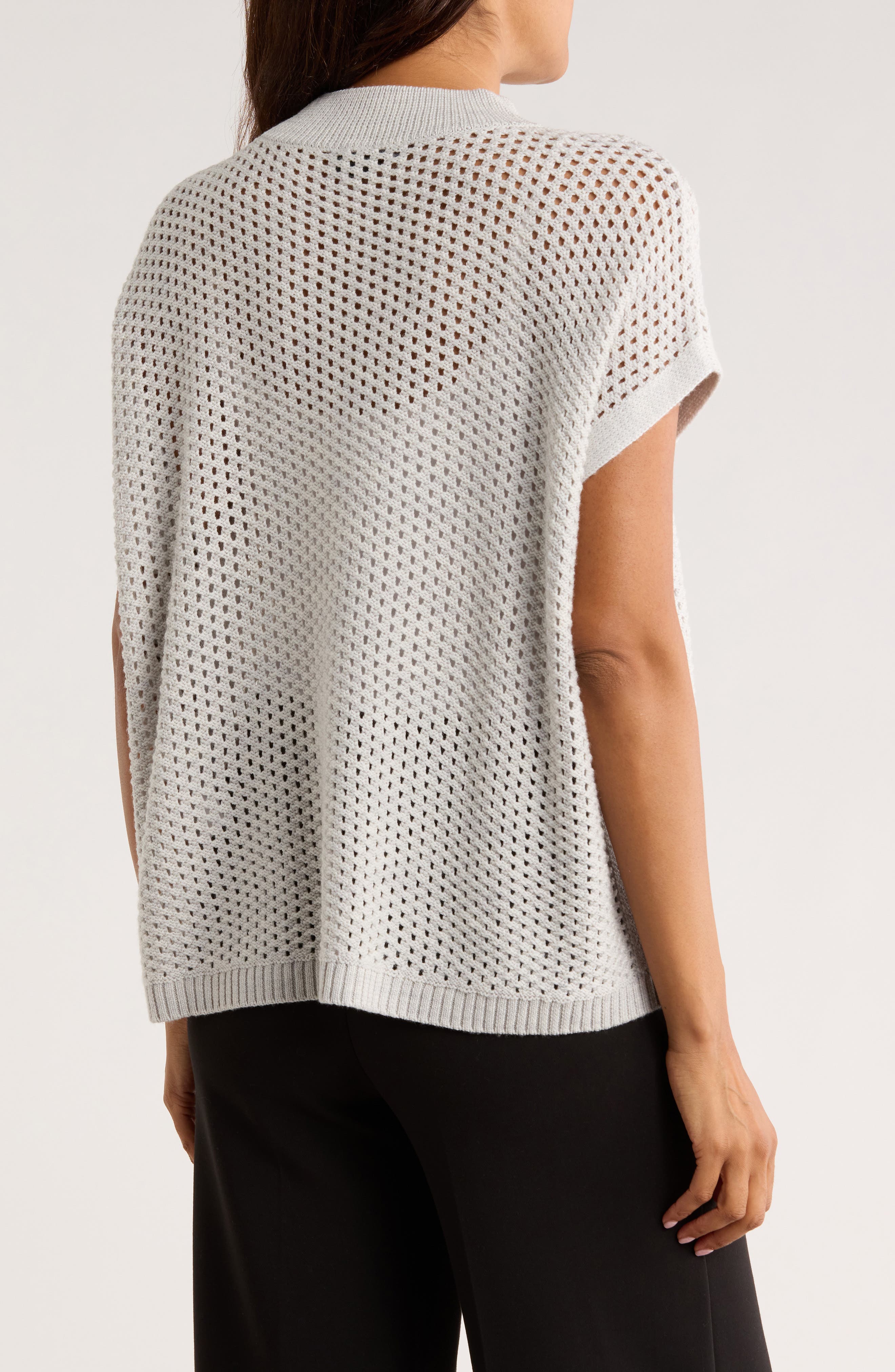 Open Stitch Mock Neck Short Sleeve Wool Sweater - image 2