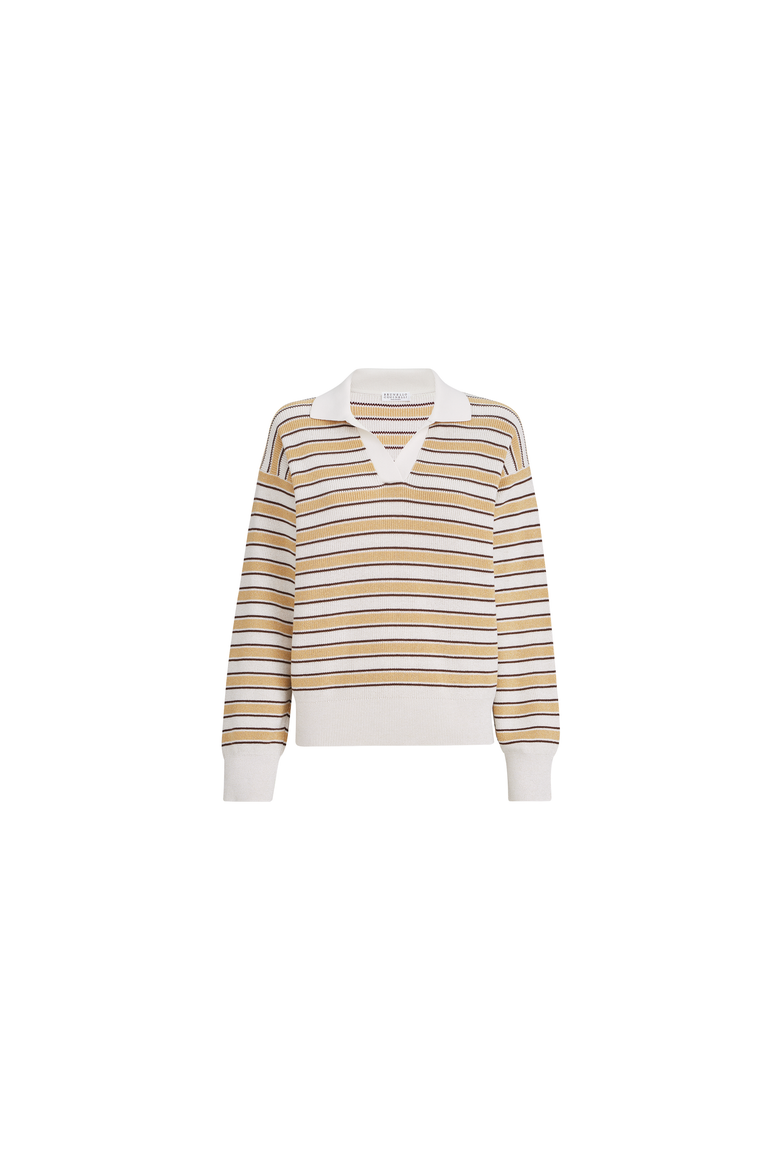 Cotton knit polo with sparkling stripes, Alternate, color, Zabaione Yellow
