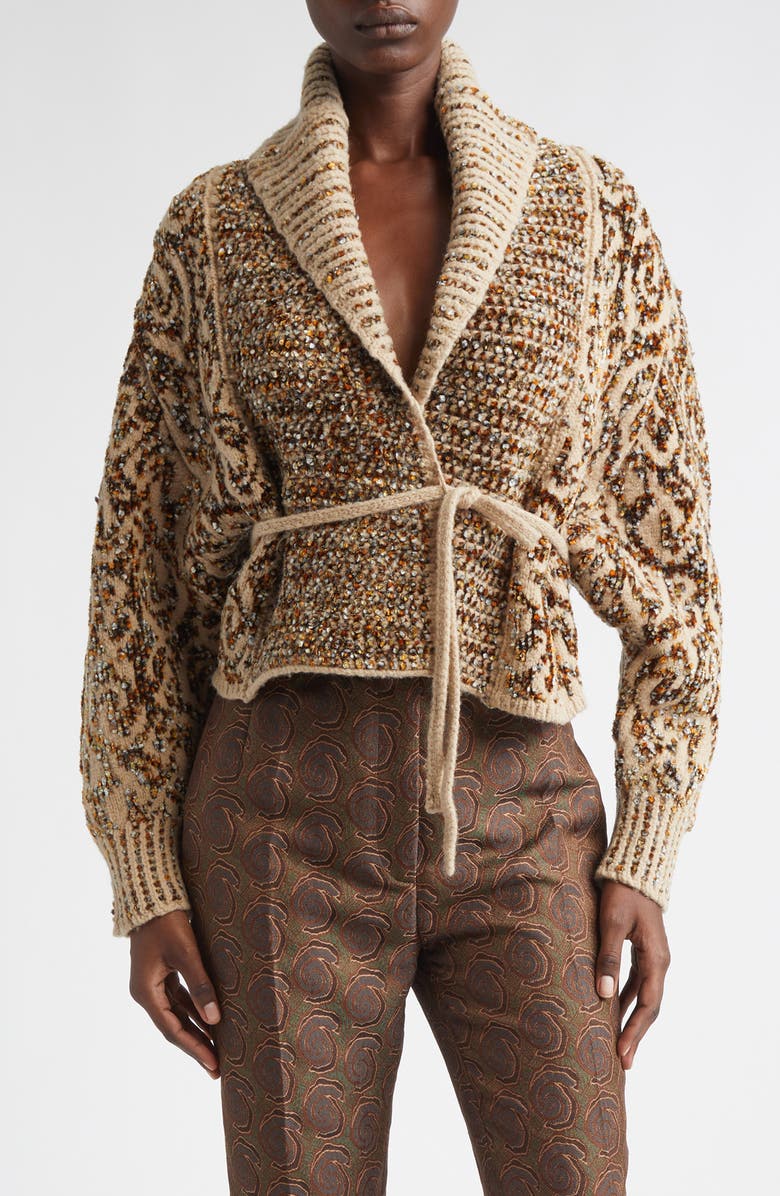 Dries Van Noten Tekla Jacquard Wool Blend Wrap Cardigan, Main, color, Beige