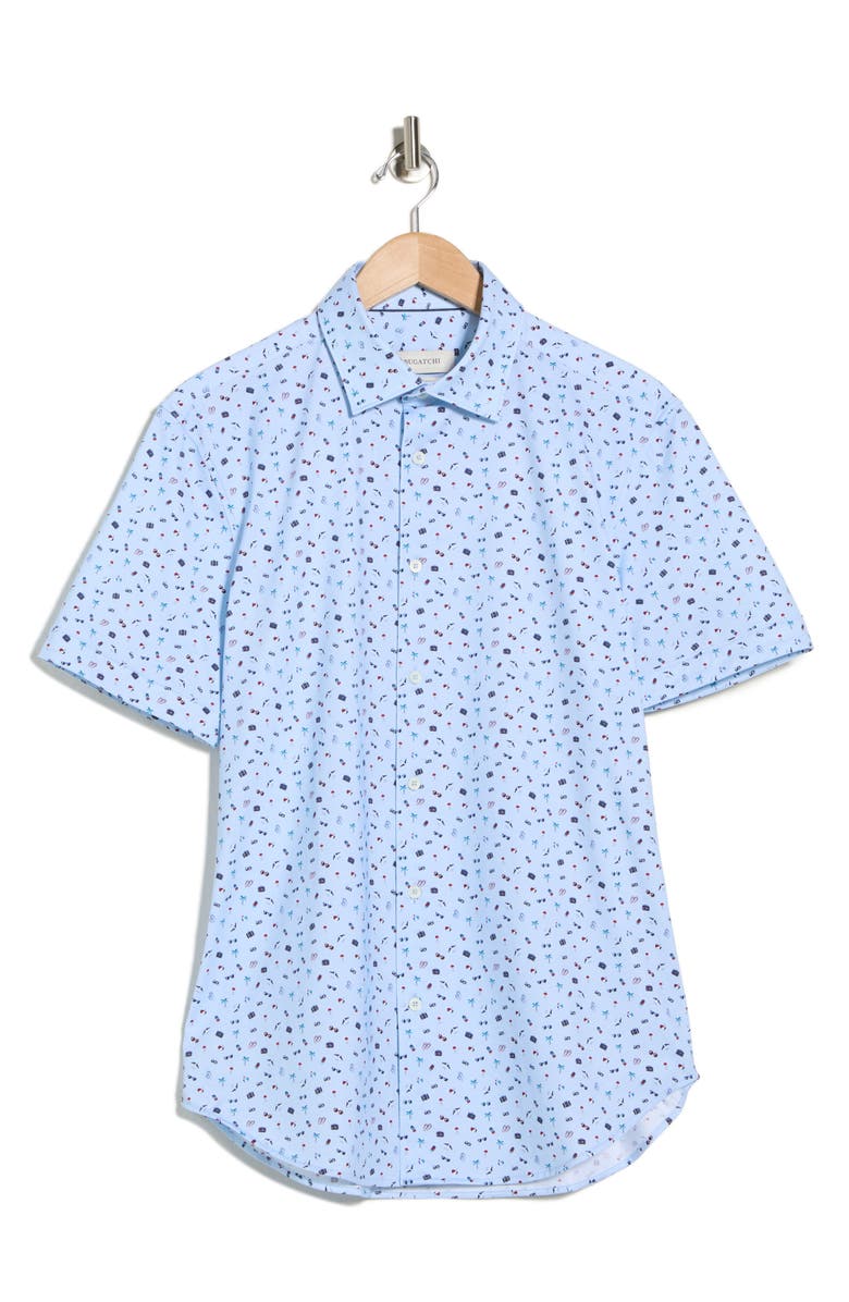 Bugatchi Print Short Sleeve Button-Up Shirt, Main, color, Air Blue