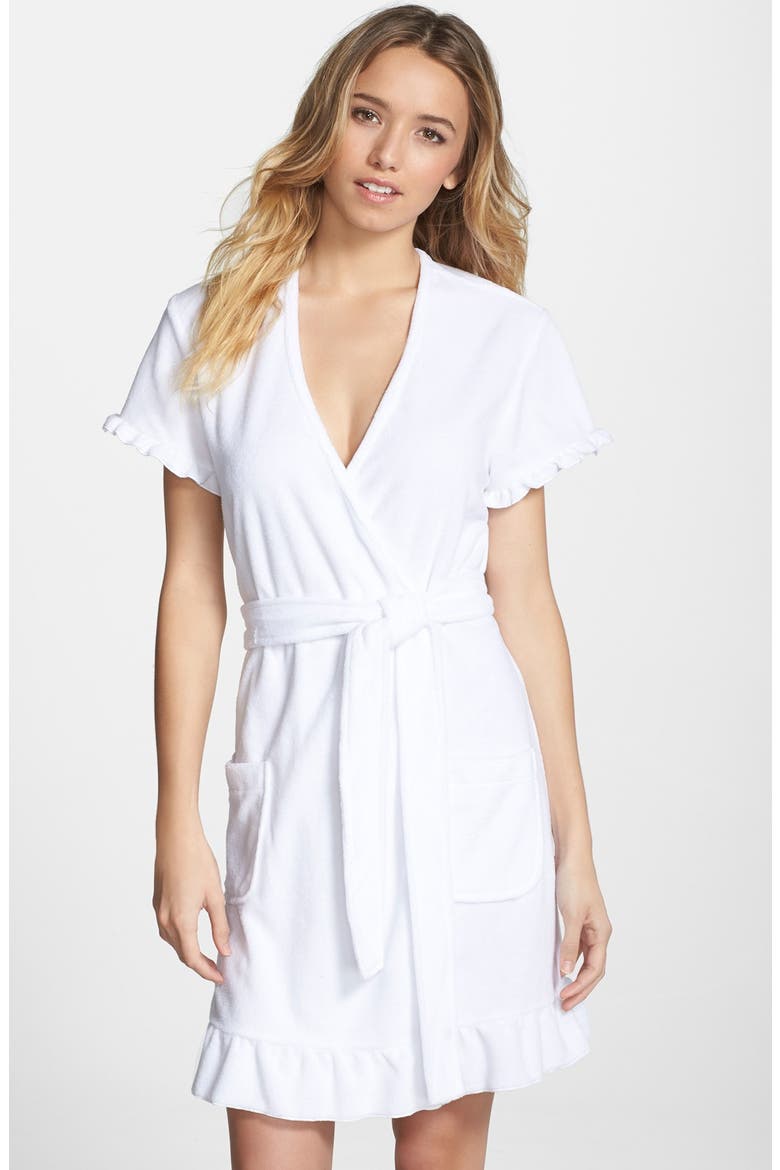 'Vintage' Ruffle Trim Terry Robe, Main, color, WHITE