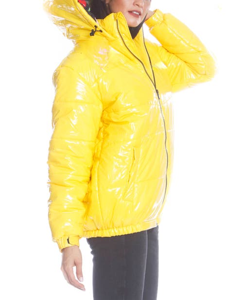 Members Only Women's Hi-shine Chevron Quilt Puffer With Nickelodeon Mashup Print Lining Jacket In Yellow