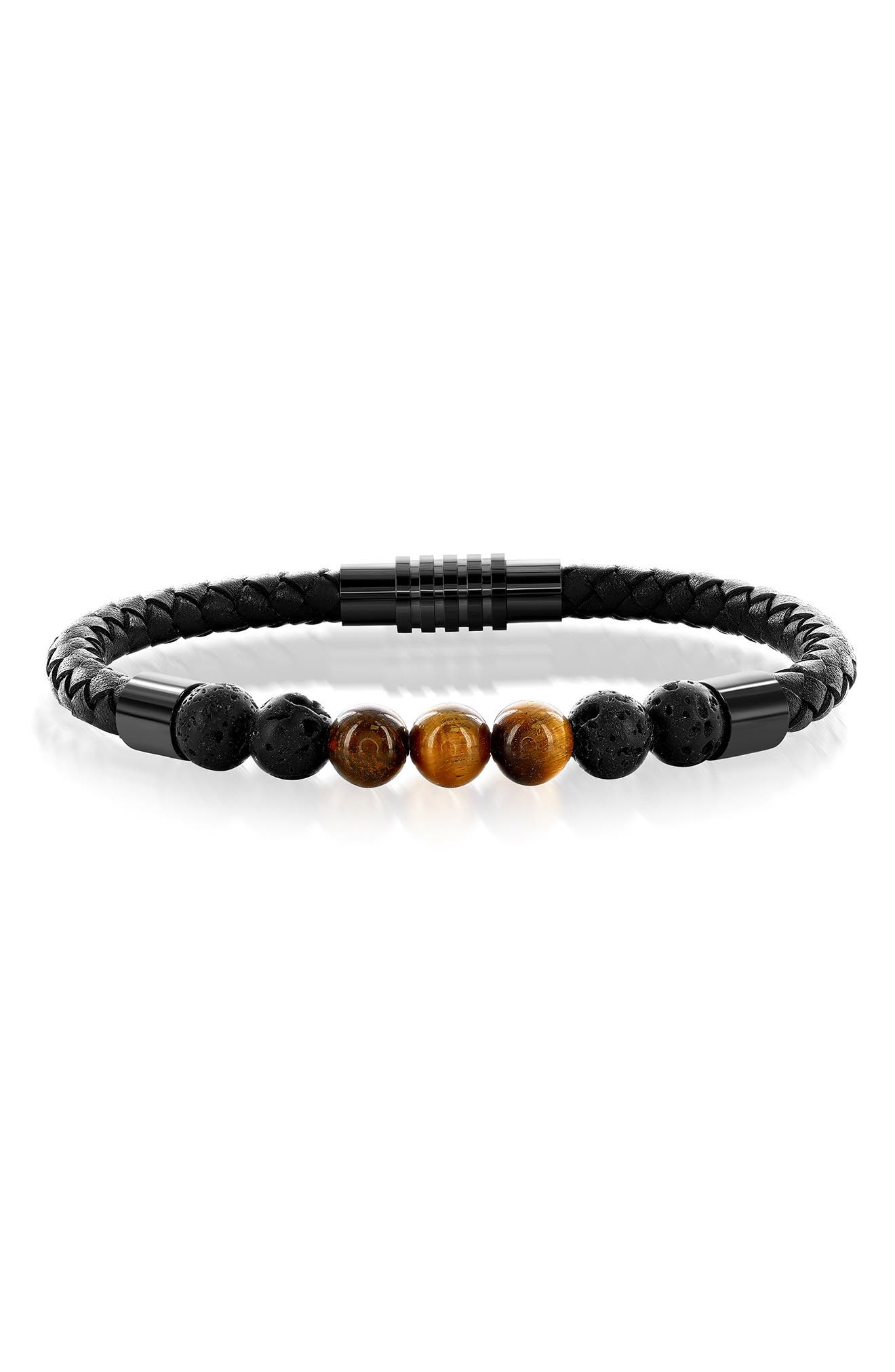 BLACKJACK Men's Tiger's Eye & Lava Stone Beaded Leather Bracelet