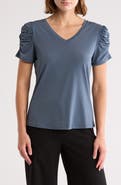T Tahari Ruched Sleeve V-Neck T-Shirt