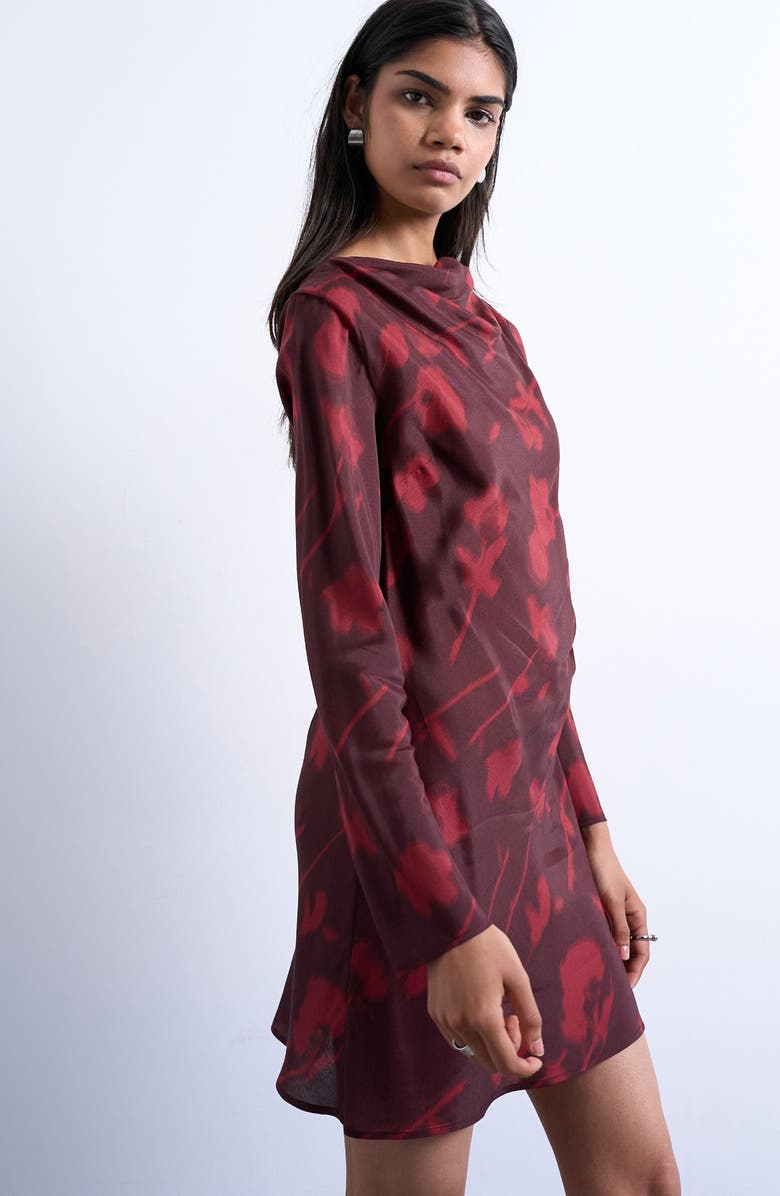 Topshop Drape Neck Long Sleeve Minidress, Alternate, color, Burgundy