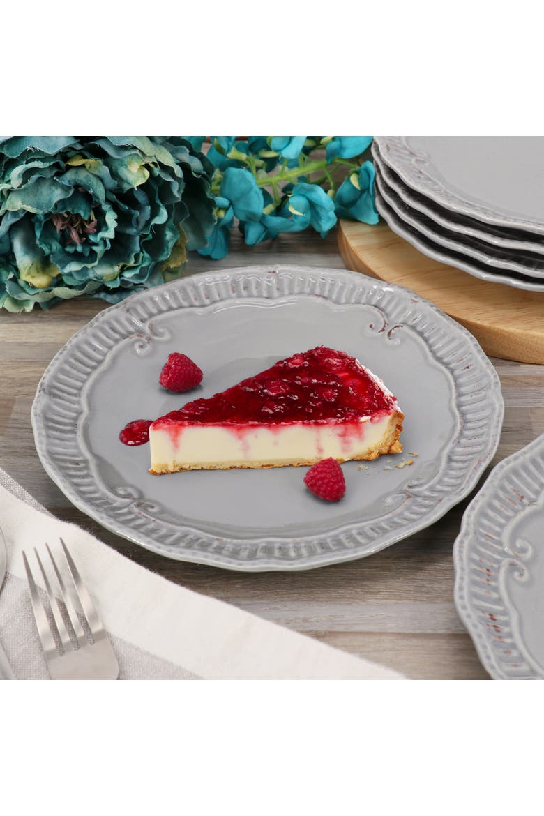 Capri 6 piece 9in Stoneware Embossed Dessert Plate Set, Alternate, color, Grey