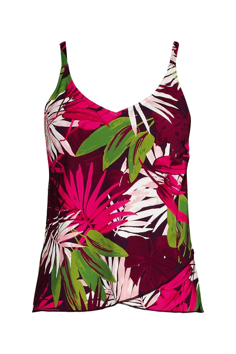 D-Cup Chlorine Resistant V-Neck Tulip Hem Tankini Swimsuit Top with Adjustable Straps, Alternate, color, Dark Wine Multi Tropical Palm
