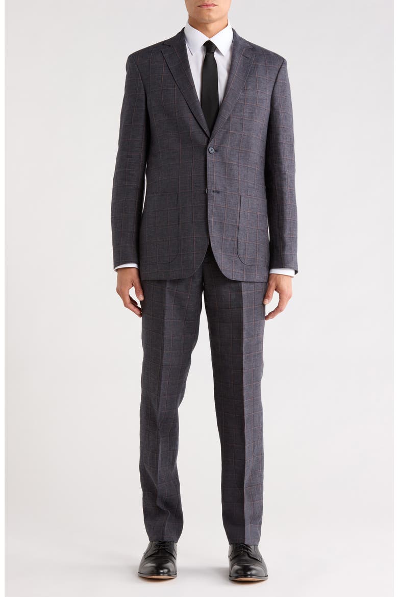 Trim Fit Plaid Linen Suit, Main, color, HACKETT DARK GREY PLAID