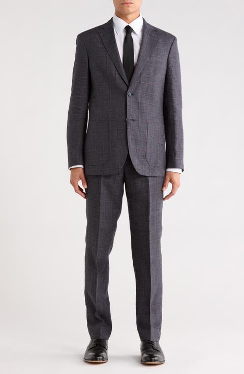 Trim Fit Plaid Linen Suit