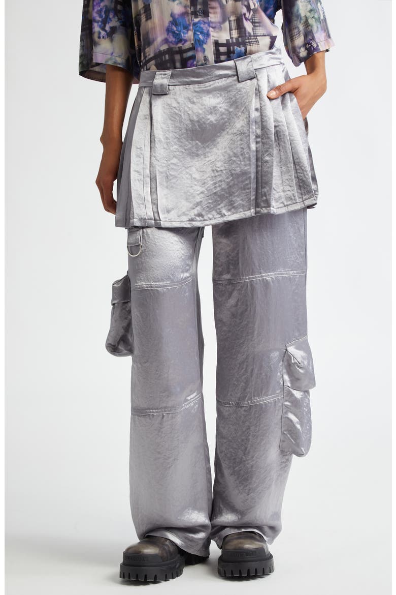Clover Skirt Overlay Satin Cargo Pants, Main, color, GREY