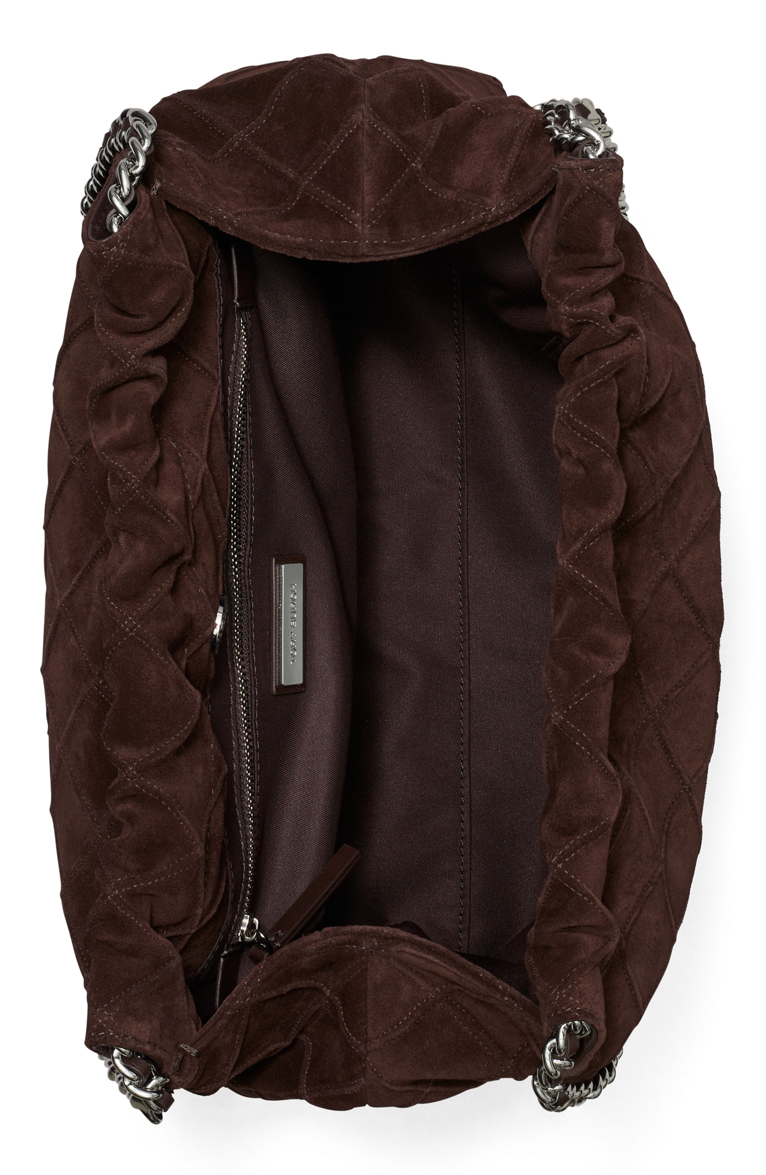 Tory Burch Fleming Soft Quilted Suede Hobo Bag, Alternate, color, Licorice