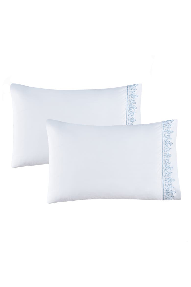 Percale Cotton Baby's Breath Embroidery Sheet Set - Queen, Alternate, color, WHITE/ BLUE
