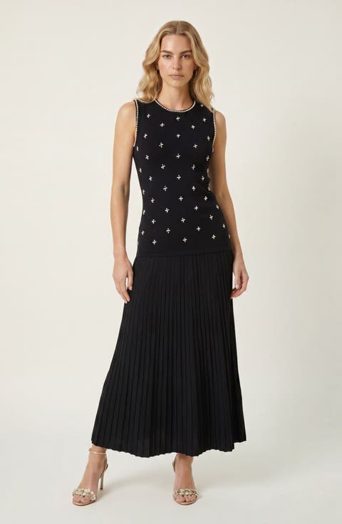 Pearl Embellished Pleated Midi Sleeveless Dress