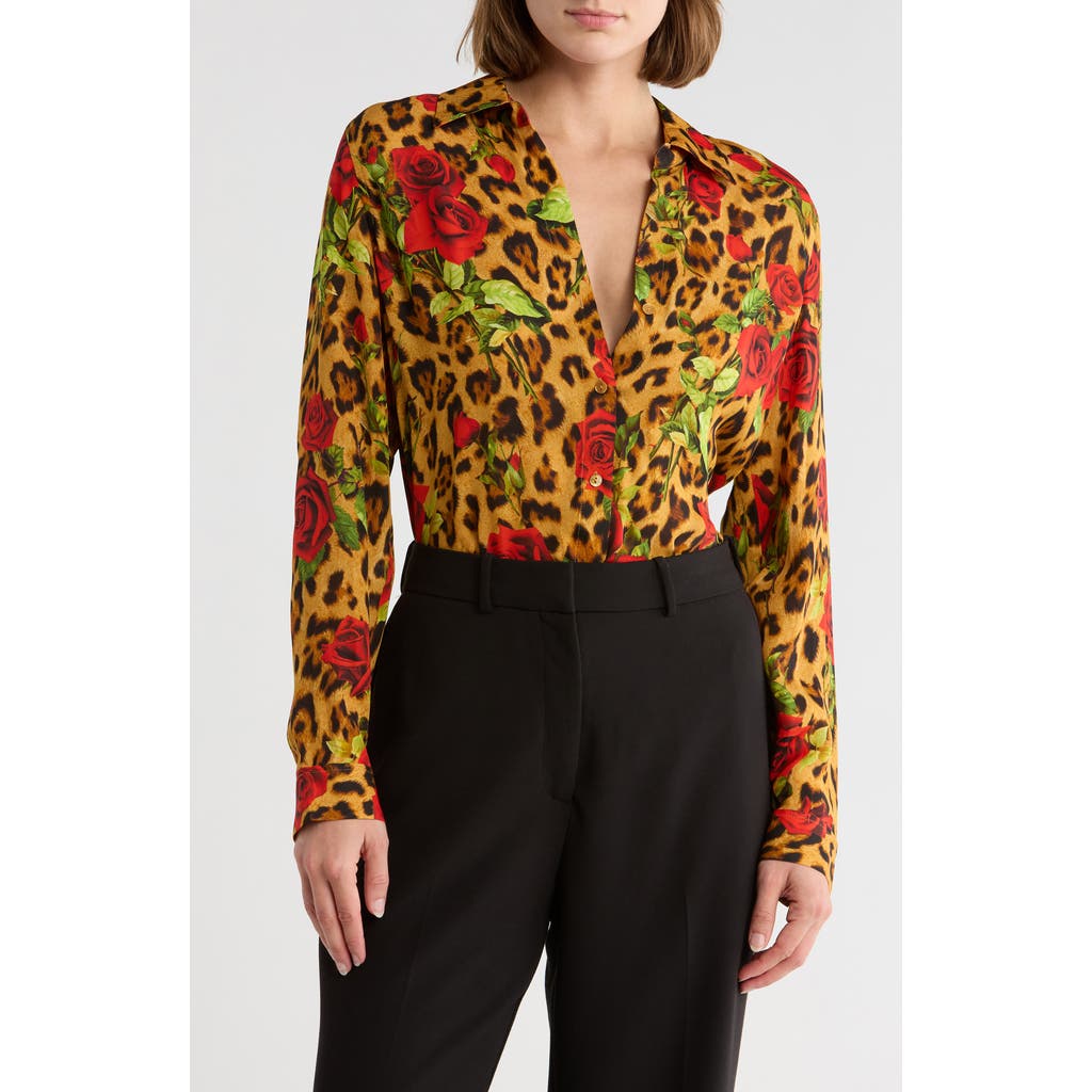 L Agence Nina Long Sleeve Blouse Multi Leopard Romantic Rose In Multi