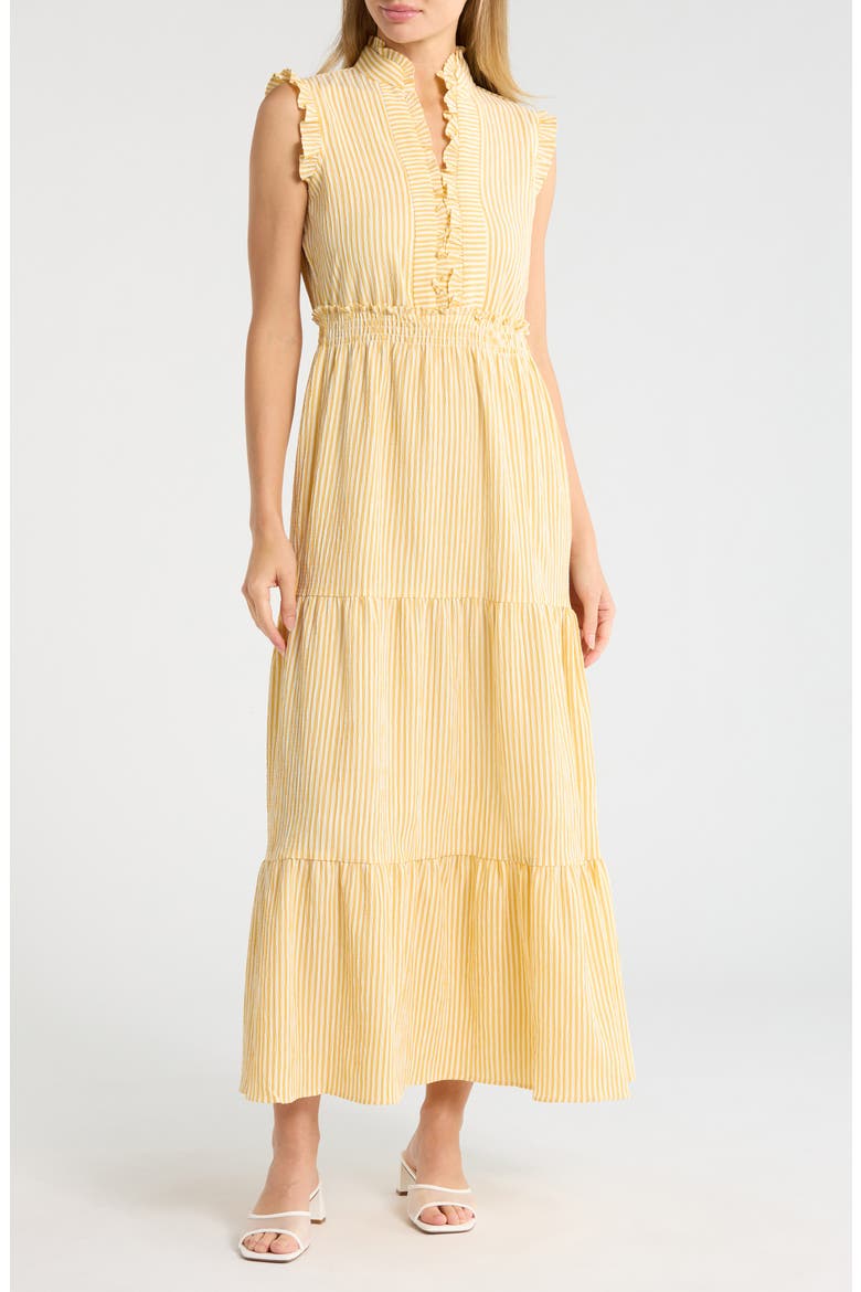 Stripe Ruffle Sleeveless Tiered Maxi Dress, Main, color, YELLOW