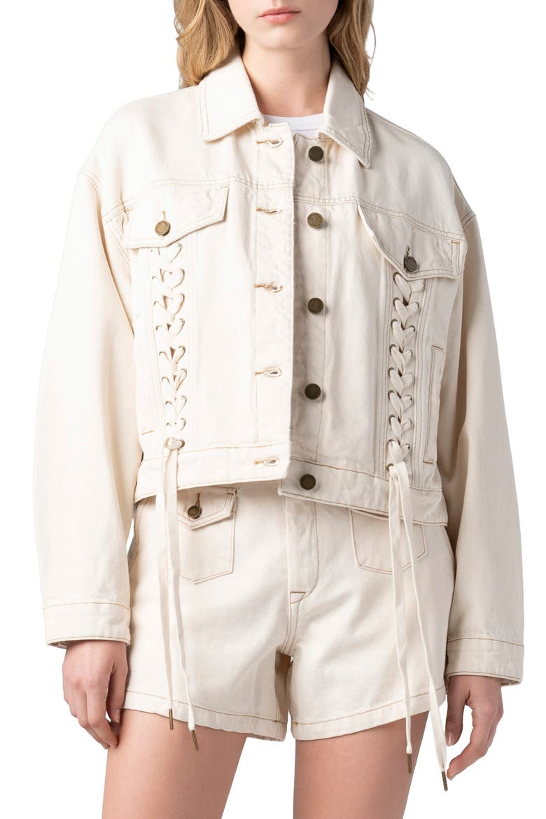 Lace-Up Denim Jacket, Main, color, CREAM TART