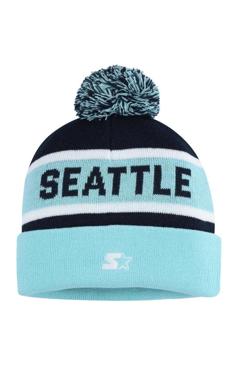 STARTER Men's Starter Light Blue/Deep Sea Blue Seattle Kraken Cuffed Knit Hat with Pom, Alternate, color, Light Blue