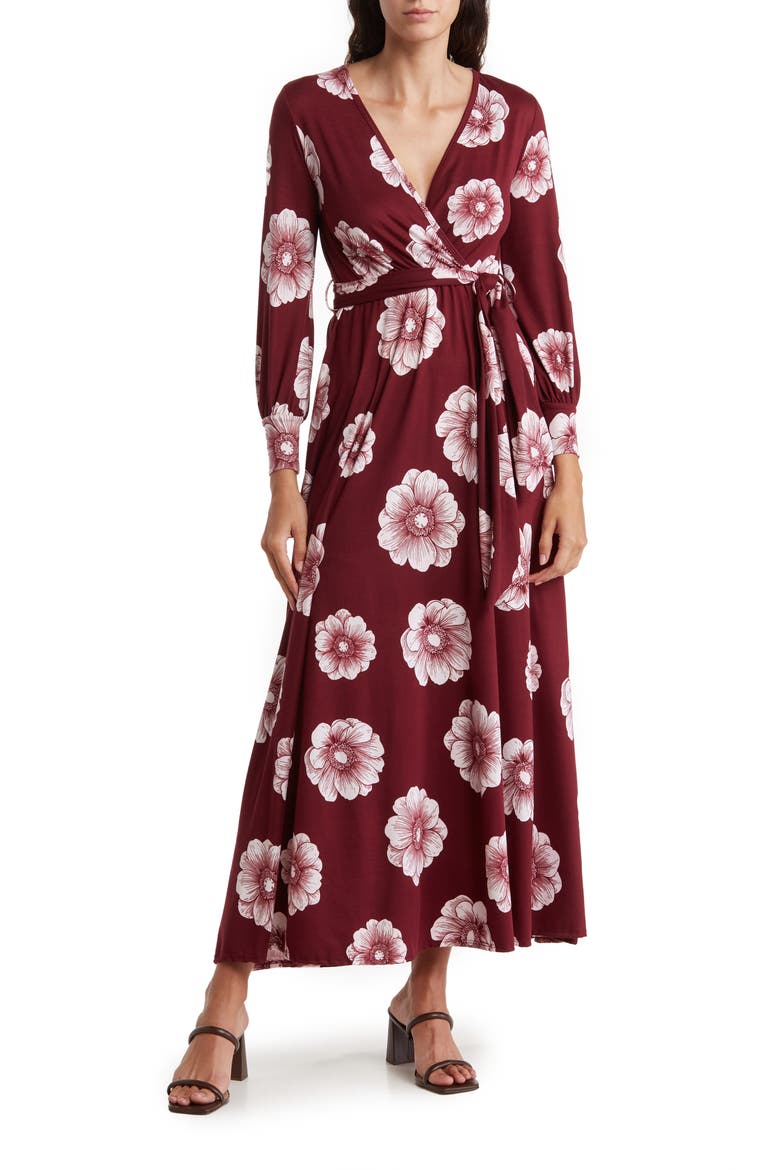 Long Sleeve Maxi Wrap Dress, Main, color, BURGUNDY BOUQUET