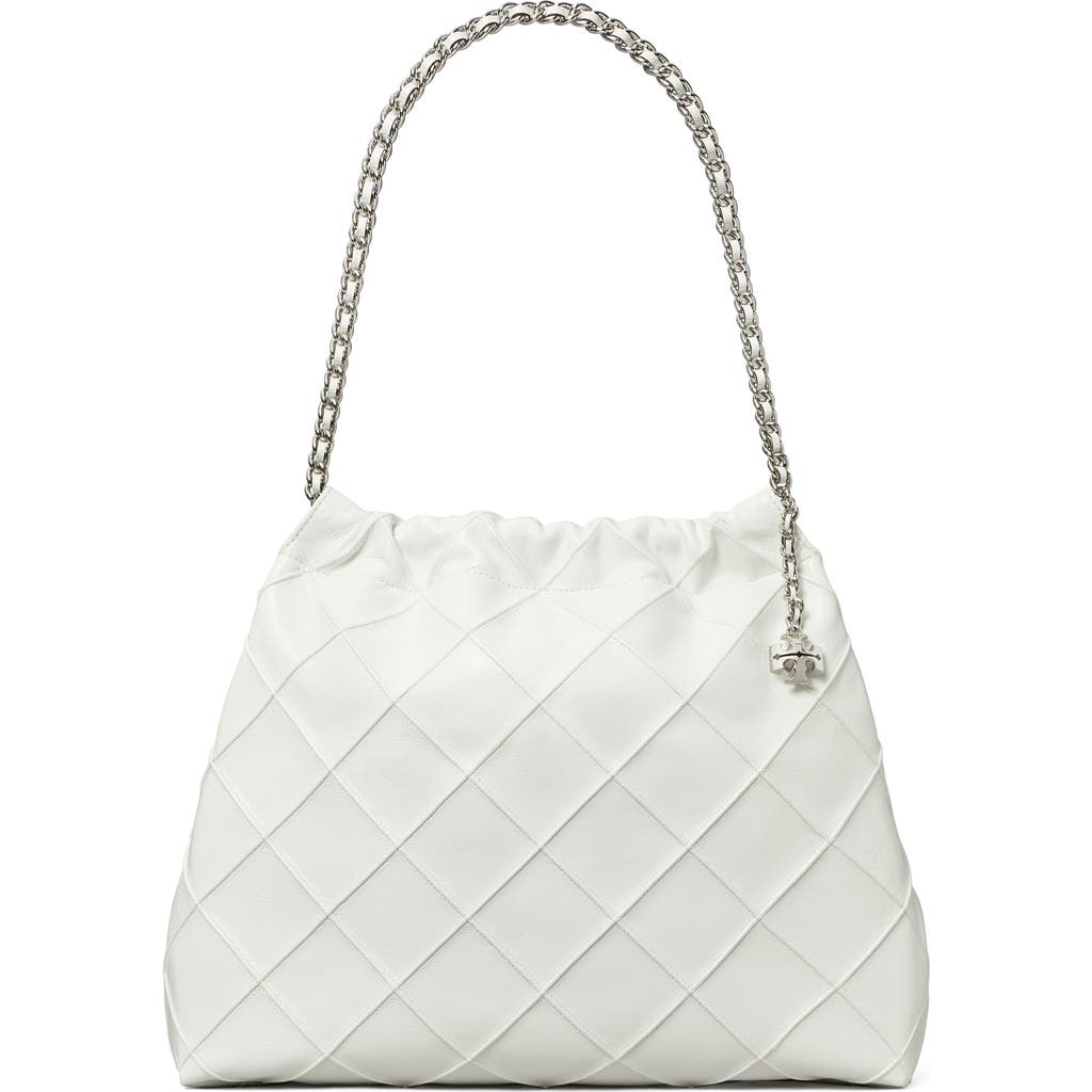 Tory Burch Fleming Distressed Quilted Leather Hobo Bag In Blanc