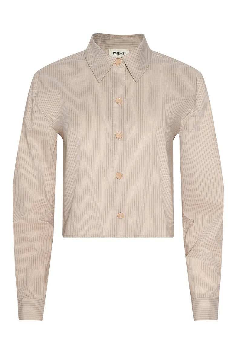 Cosette Crop High-Low Shirt, Alternate, color, MACADAMIA/ LT BROWN STRIPE