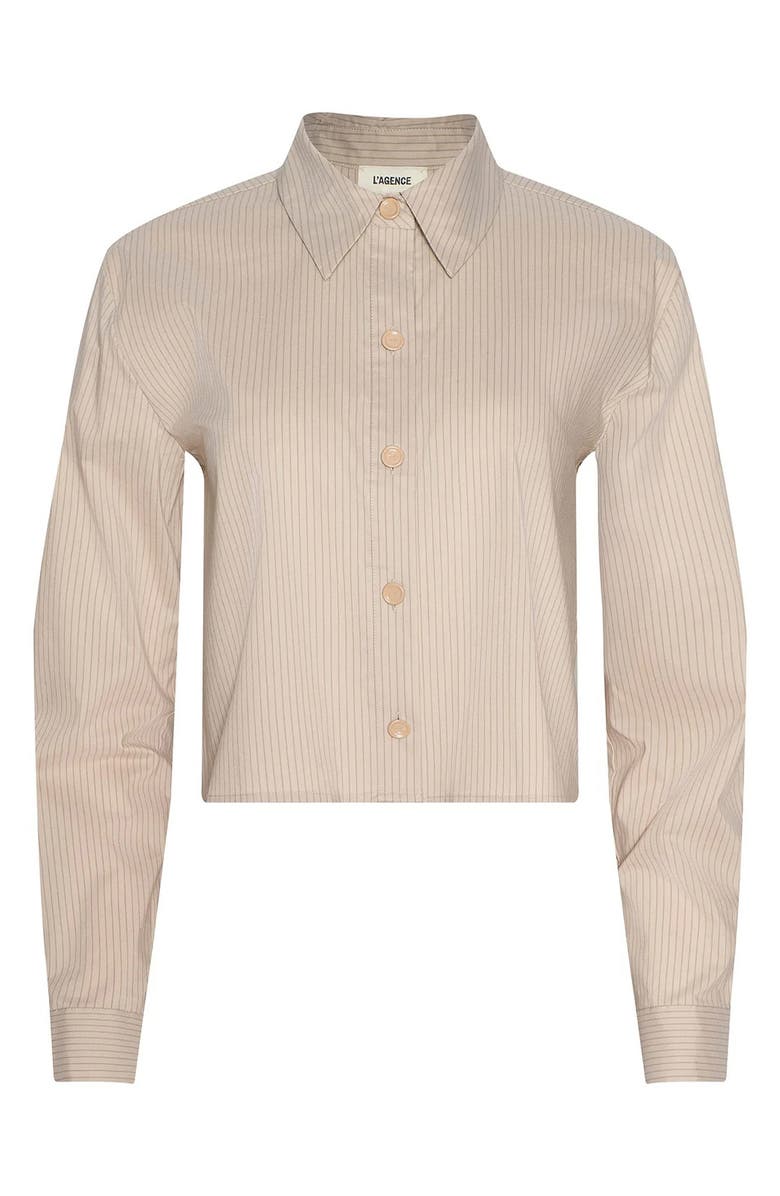 L'AGENCE Cosette Crop High-Low Shirt, Alternate, color, Macadamia/ Lt Brown Stripe