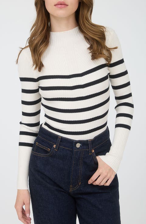 Stripe Mock Neck Rib Knit Top